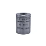 L.E. Wilson Pistol Max Gage 10mm Auto, silver cylindrical gage in angled side view