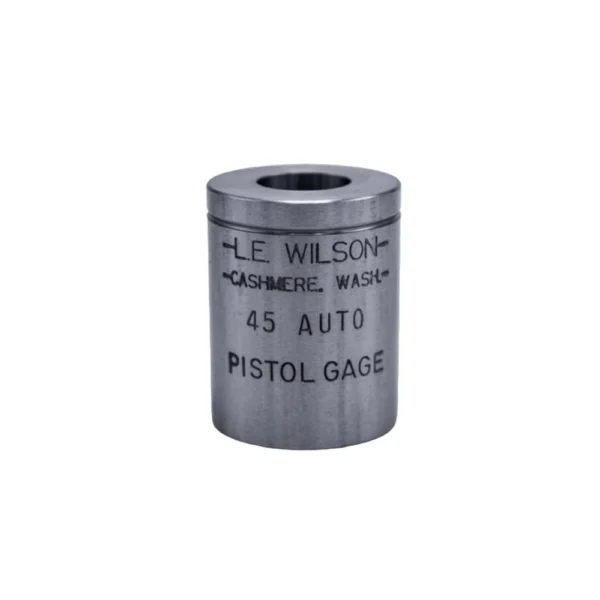 L.E. Wilson Pistol Max Gage 10mm Auto, silver cylindrical gage in angled side view