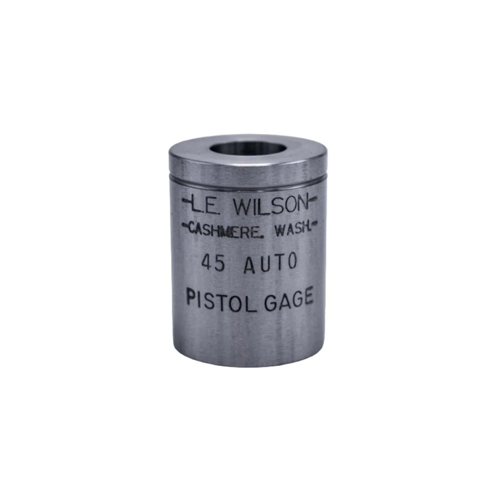 primary-45447 L.E. Wilson Pistol Max Gage 10mm Auto, silver cylindrical gage in angled side view