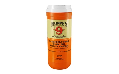 Hoppe's HOPPES GUN OIL WIPES 7X8 120CT, front view of orange canister with white lid