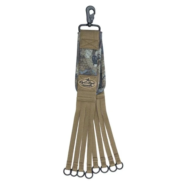 primary-45468 Rig'Em Right Leg Band Game Strap, camouflage and tan strap with clip and multiple wire loops