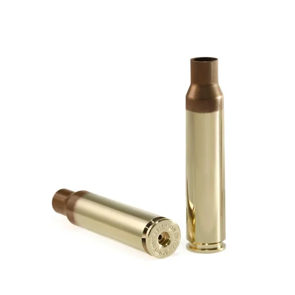 Peterson Unprimed Rifle Brass 408 CheyTac, two brass-colored cases, one upright and one on side