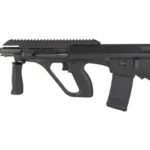 STEYR AUG A3 M2 black side view with long top rail, vertical foregrip and magazine