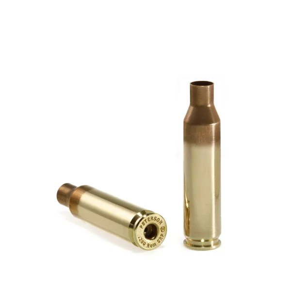 Peterson SRP Unprimed Brass 260 Rem two gold-tone cases, one upright and one on its side