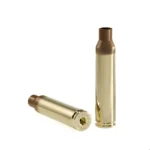 Peterson Unprimed Rifle Brass, two polished brass cases shown upright and on their side