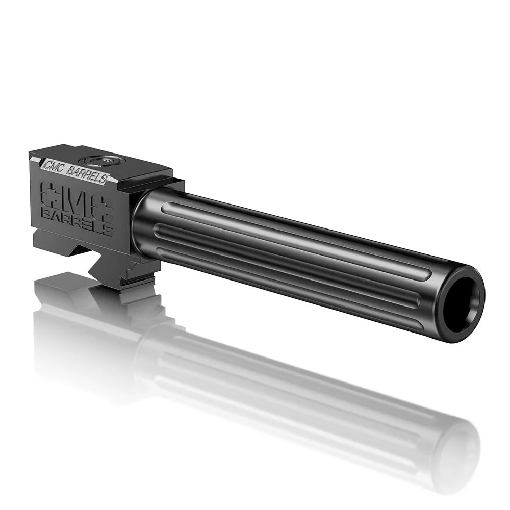 primary-45488 CMC Triggers Match Precision Handgun Barrel for Glock 17, black fluted barrel in angled side view