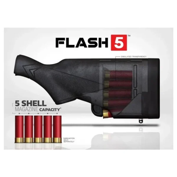 TactaLoad Flash-5 Shotgun Buttstock, black side view with transparent shell storage panel