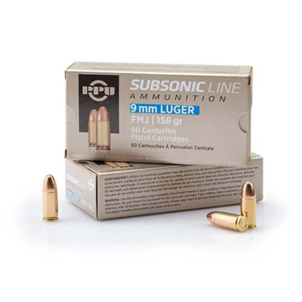 TRZ Trading Inc. PPU Subsonic Handgun Ammunition 9mm Luger FMJ 158 gr 950 fps 50/ct