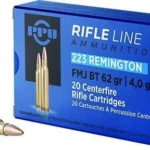 TRZ Trading Inc. PPU Rifle Ammunition blue box with three brass cartridges, front view