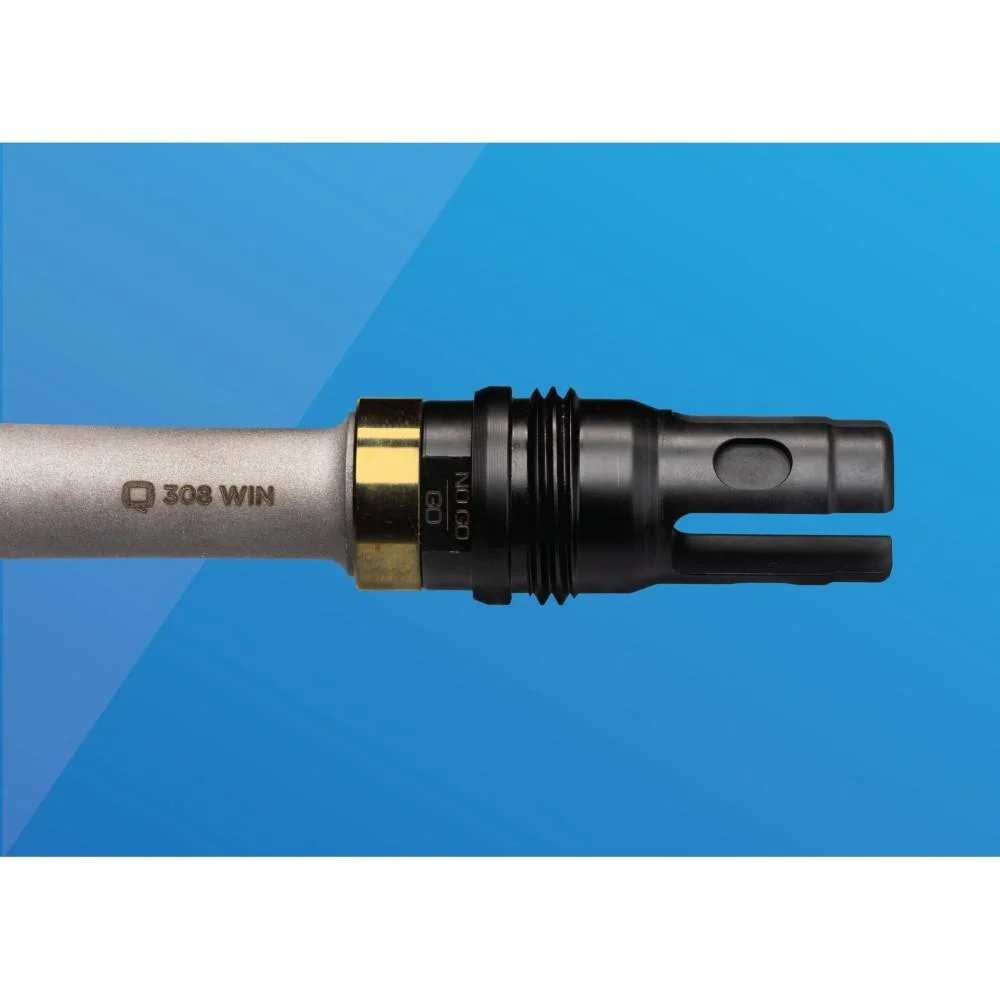 primary-45497 Q LLC Q Taper Adapter, black adapter mounted on a silver barrel against a blue background