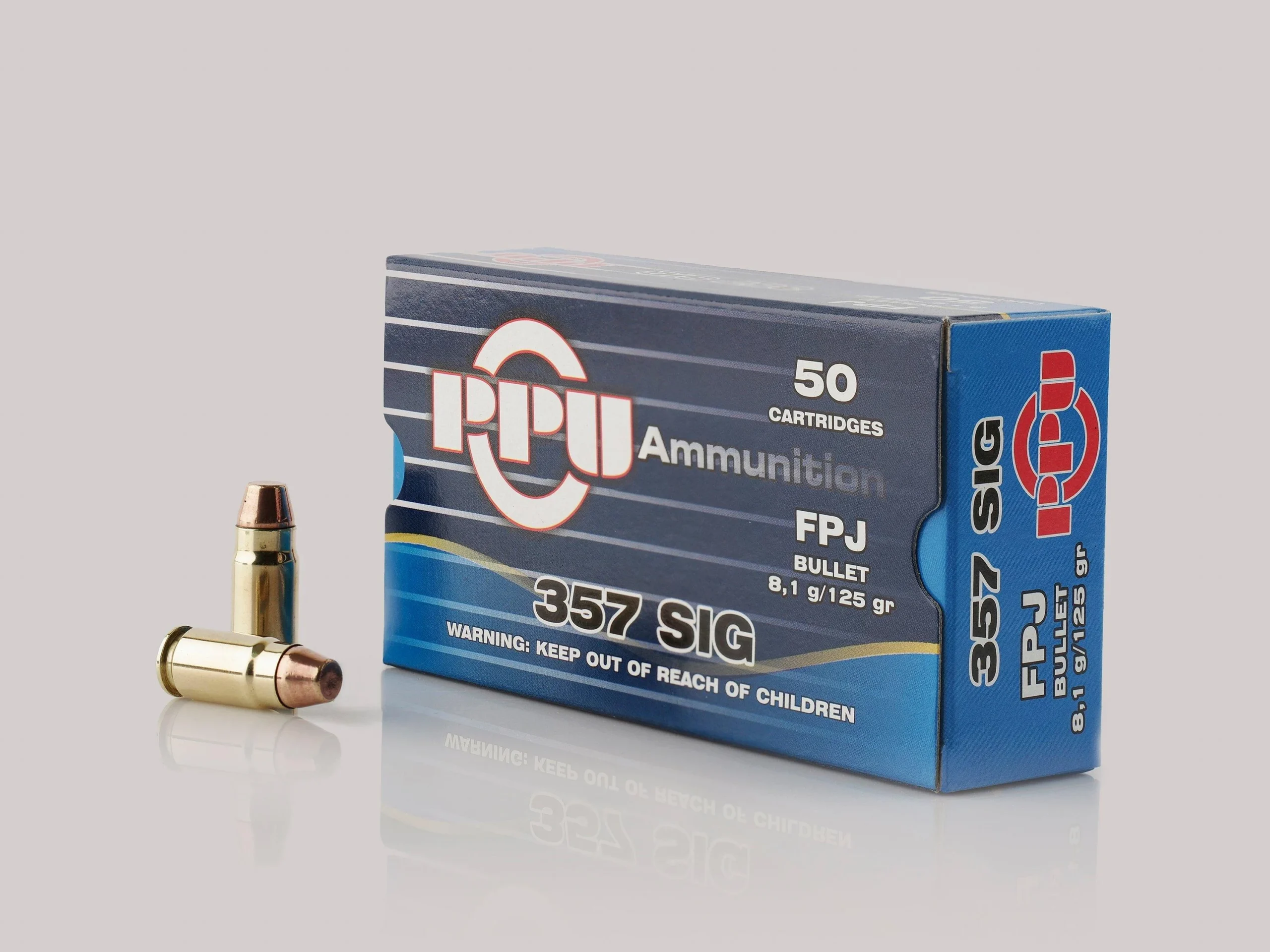primary-45503 TRZ Trading Inc. PPU Handgun Ammunition, blue box with two brass cartridges