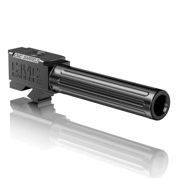 CMC Triggers Match Precision Handgun Barrel for Glock 19, black fluted barrel in angled side view