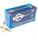TRZ Trading Inc. PPU Rifle Ammunition blue box with three cartridges, angled front view