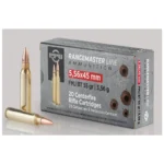 TRZ Trading Inc. PPU RangeMaster Rifle Ammunition, grey box with three brass cartridges
