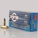 TRZ Trading Inc. PPU Handgun Ammunition, blue box with two brass cartridges in front view