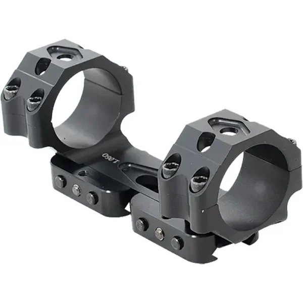 Masterpiece Arms MPA Bolt Action Scope Rings, angled view of two black rings with mounting screws