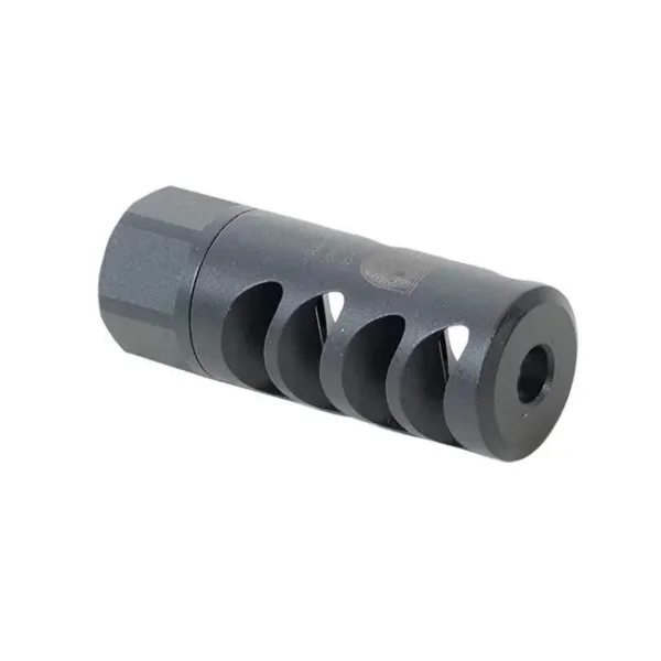 Masterpiece Arms MPA Cowl Induction Muzzle Brake, dark gray angled view with side ports