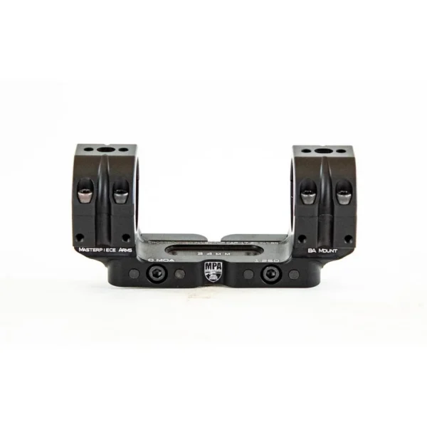 Masterpiece Arms MPA Bolt Action Scope Rings, front view of black one-piece mount with two rings