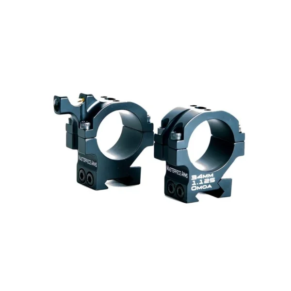 Masterpiece Arms BA Rings, two black scope rings with silver inner surfaces, angled view