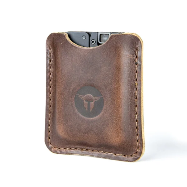 Trailblazer Firearms Life Card Leather Sleeve, front view in dark brown with stitched edges