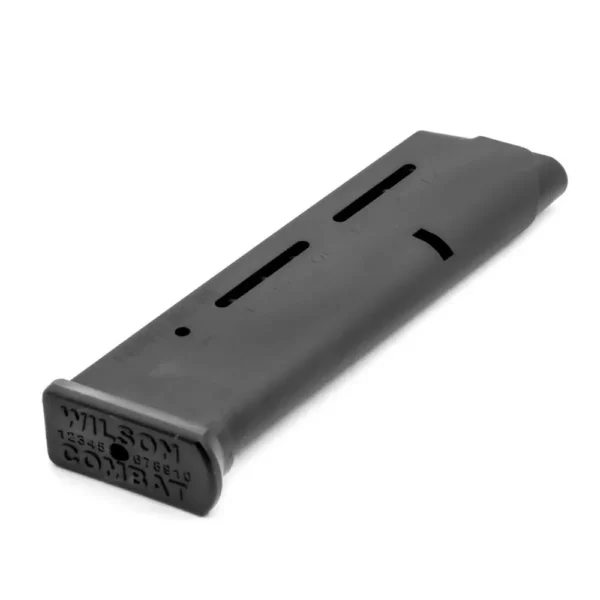 Wilson Combat 1911 Elite Tactical Full Size magazine in angled view with black finish and witness holes