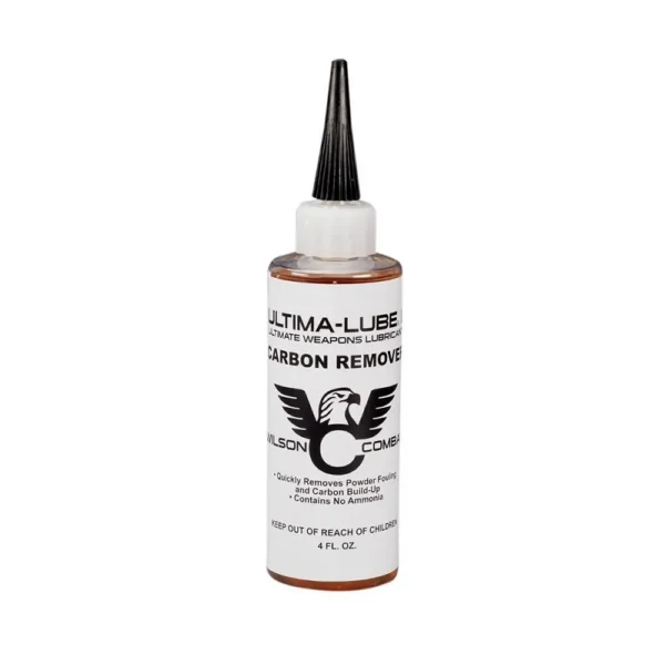 Wilson Combat Ultima-Lube II Carbon Remover in a white bottle with black nozzle, front view