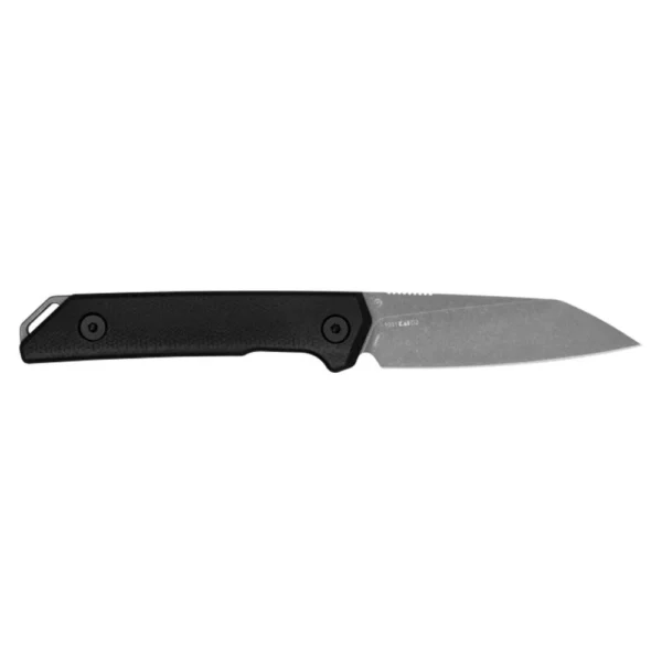 Kershaw Mini Iridium Fixed Knife, right side with black handle and silver reverse tanto blade