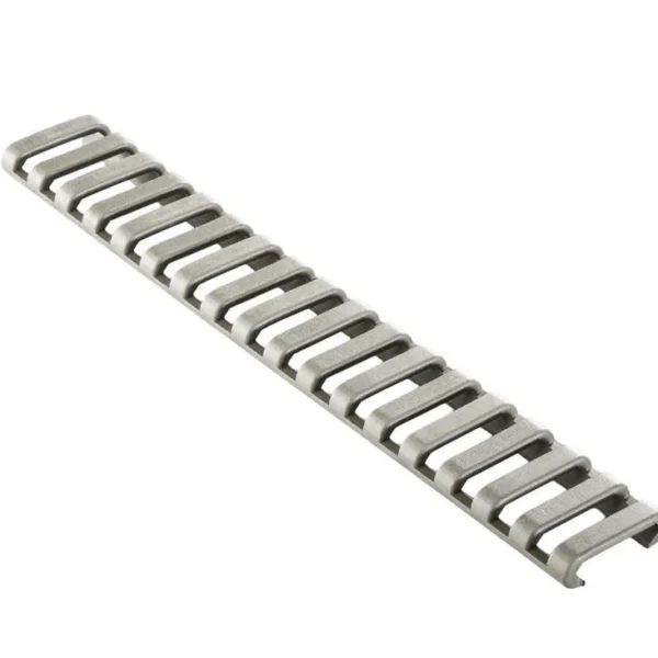 ERGO Grips 18 Slot Ladder LP Rail Cover, angled view of a slotted gray rail cover strip