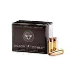 Wilson Combat Hornady XTP Handgun Ammunition, black box with three brass cartridges