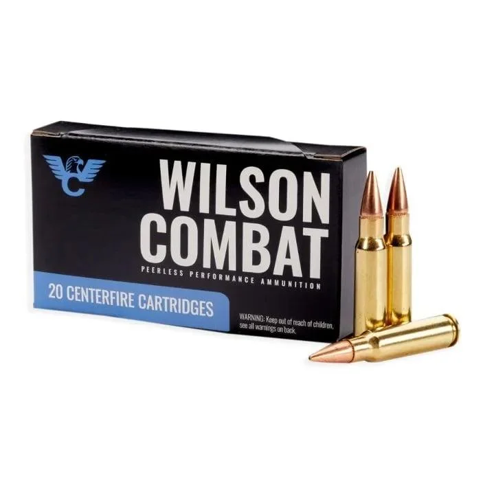 primary-45577 Wilson Combat Hornady BTHP Rifle Ammunition, black box with four brass cartridges