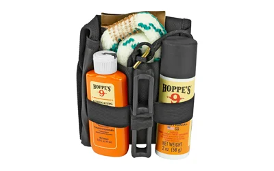 Hoppe's HOPPES CMPCT BRSNK CLNG KIT 12GA black pouch with bottles, cloth and cleaning accessories