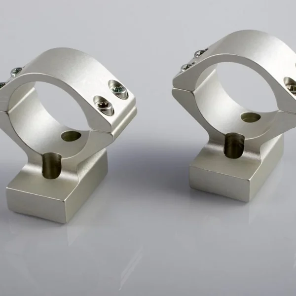 Talley Lightweight Alloy Mount Combo silver, angled front view of two scope rings