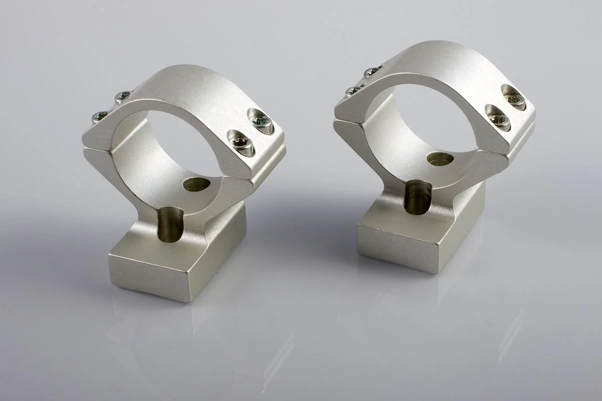 primary-45593 Talley Lightweight Alloy Mount Combo silver, angled front view of two scope rings