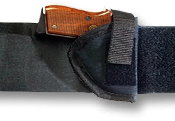 Bulldog Ankle Holster in black, side view with wide strap and pistol grip visible