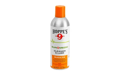 Hoppe's HOPPES GUN MEDIC CLN/LUBE 10OZ silver aerosol can with orange cap, front view