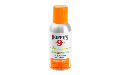 Hoppe's HOPPES GUN MEDIC CLN/LUBE 4OZ silver aerosol can with orange cap, front view