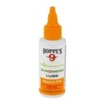 Hoppe's HOPPES GUN MEDIC LUBE 2OZ silver squeeze bottle with orange applicator cap, front view