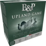 B&P Upland Game Shotshells in a green box, angled front and side view with game birds