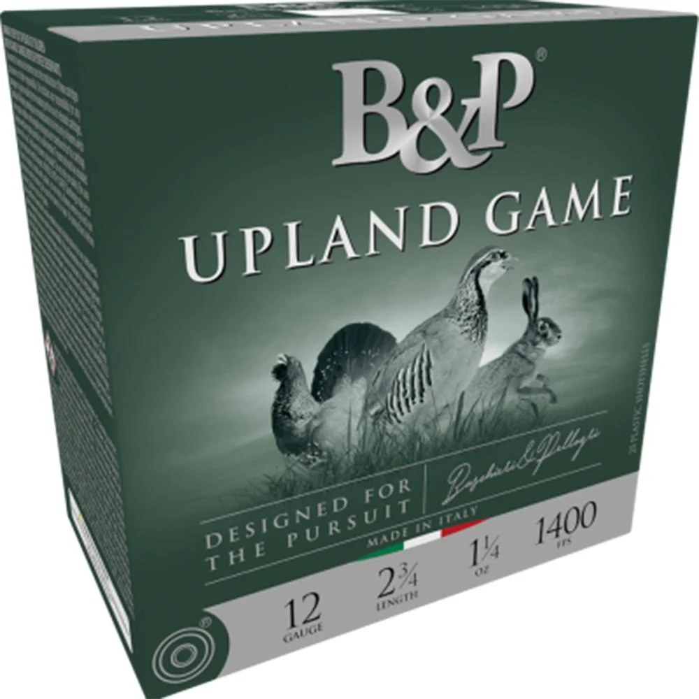 primary-45672 B&P Upland Game Shotshells in a green box, angled front and side view with game birds