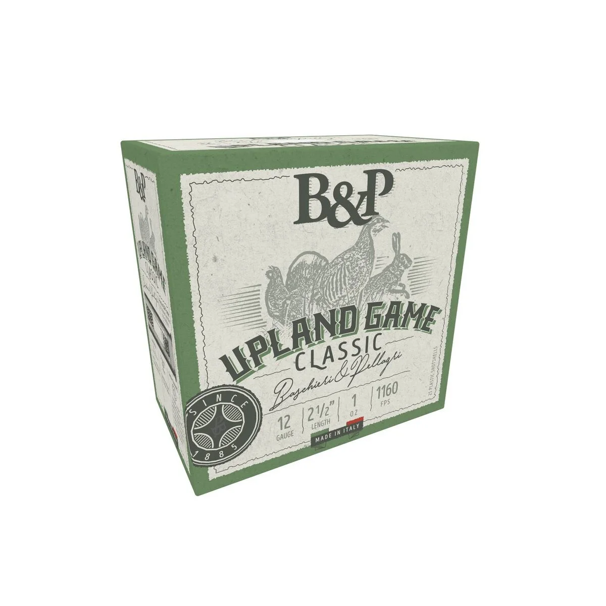 primary-45725 Baschiere & Pellagri B&P Upland Game Classic Shotshells, cream and green box, angled front view