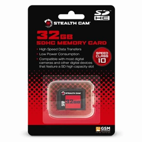 Gsm StealthCam 32GB SDHC Card, red and black retail package, front view