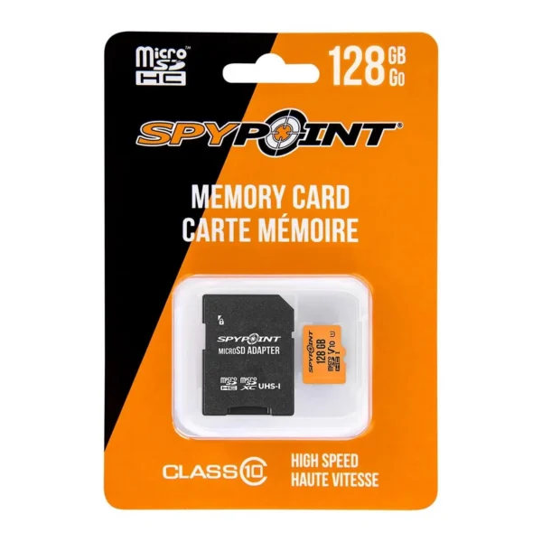 Spypoint Micro SD Card 128GB, front view in orange and black retail packaging with adapter