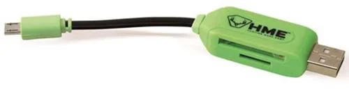 Gsm HME SD Card Reader for Android with green reader body, short black cable and plug