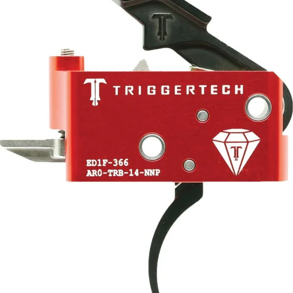 Triggertech AR Diamond Pro Curved Single Stage Trigger, red housing and black curved trigger, side view