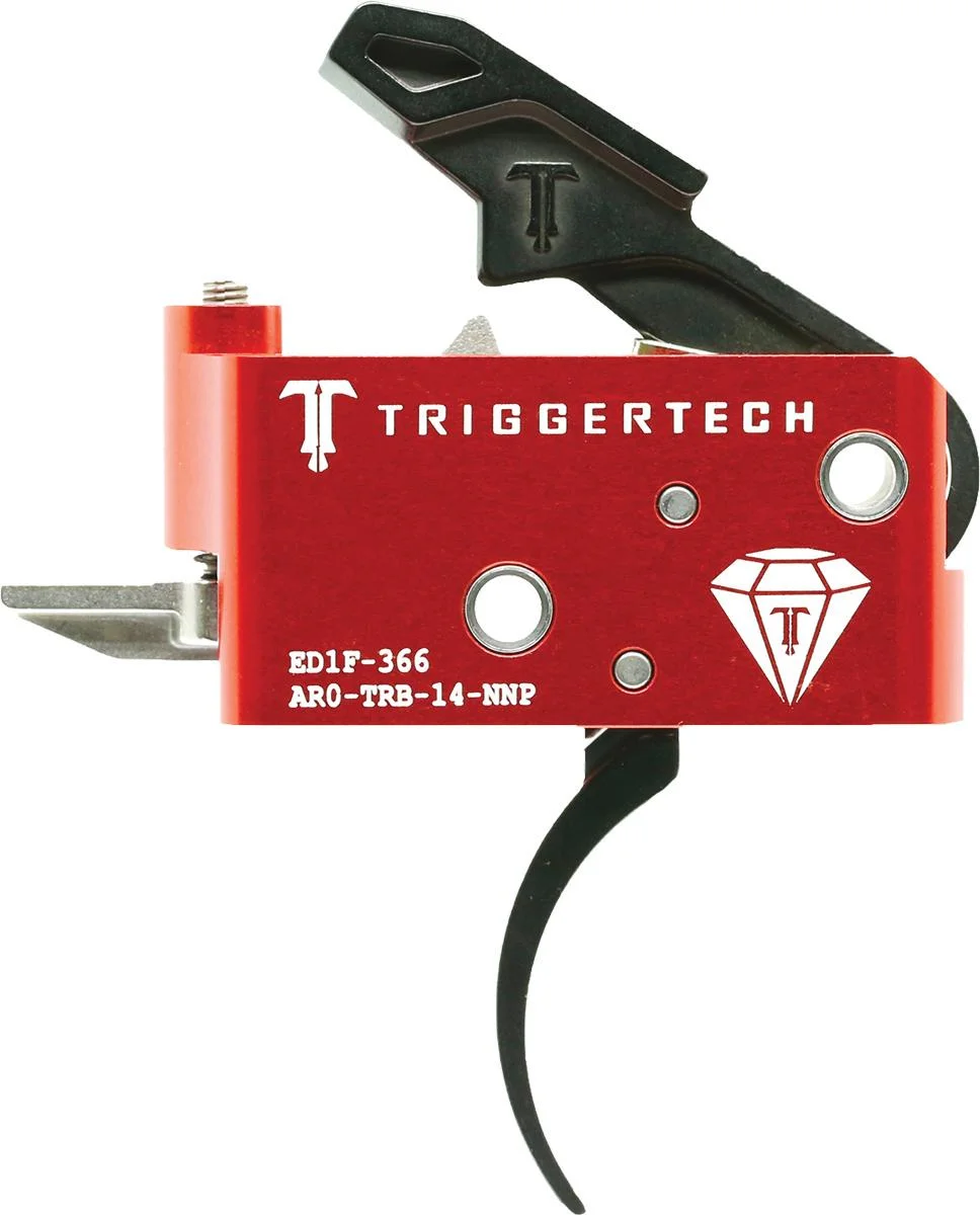 primary-45827 Triggertech AR Diamond Pro Curved Single Stage Trigger, red housing and black curved trigger, side view