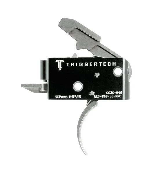TriggerTech AR15 Competitive Curved Trigger, front view with black housing and silver curved trigger