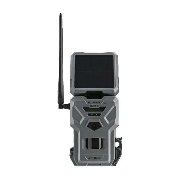GG TELECOM /SPYPOINT Spypoint FLEX-S-DARK trail camera, front view with antenna and solar panel