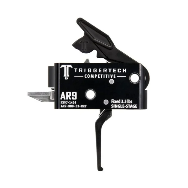TriggerTech AR-9 Competitive flat trigger, black side view with housing and white markings