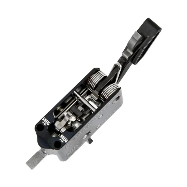 TriggerTech AR-9 Competitive curved trigger, angled top view with black housing and exposed components