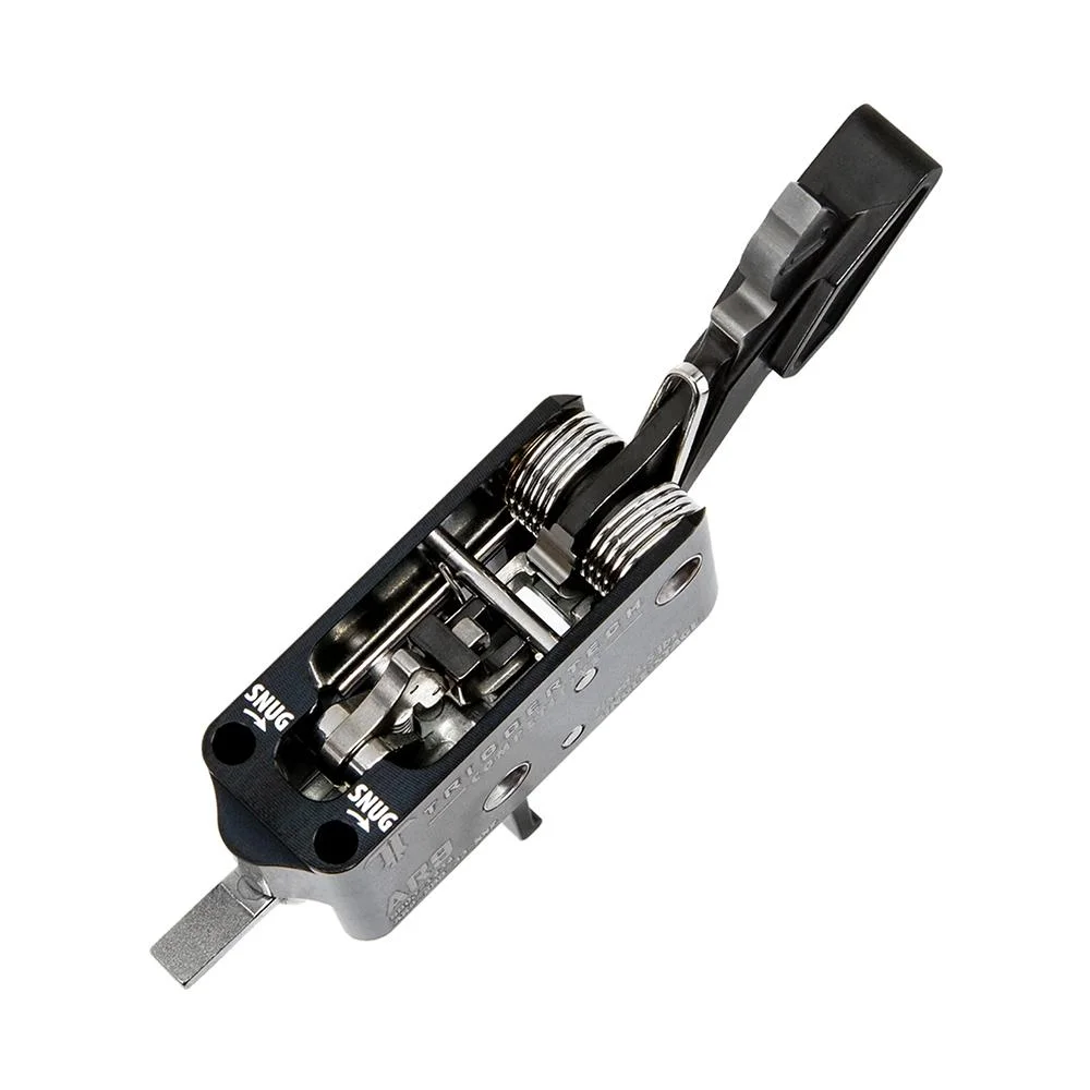primary-45859 TriggerTech AR-9 Competitive curved trigger, angled top view with black housing and exposed components